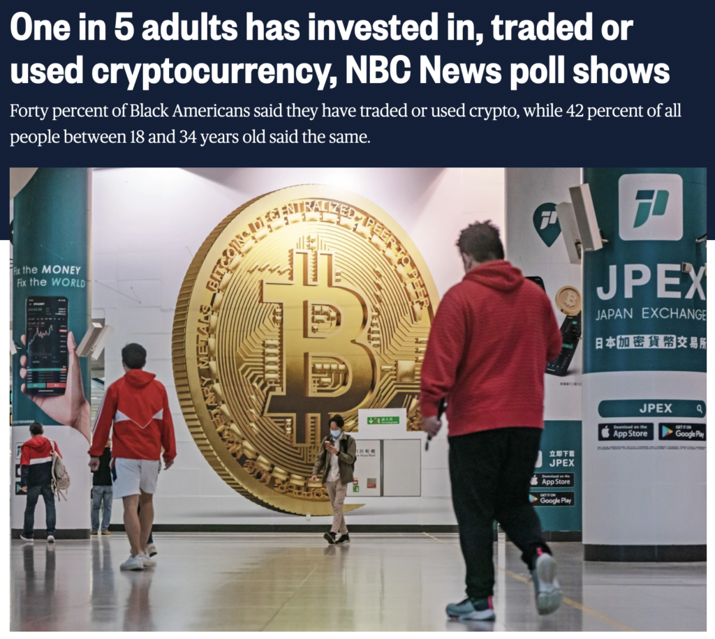 One in 5 US adults has invested in, traded or used cryptocurrency like Bitcoin or Ethereum in 2022