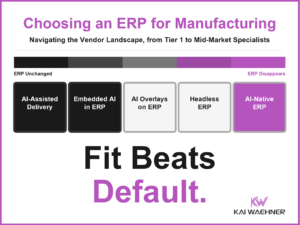 Choosing an ERP for manufacturing: the vendor landscape from SAP and other Tier 1 platforms to mid-market specialists, with five AI disruption scenarios and the core message that fit beats default.