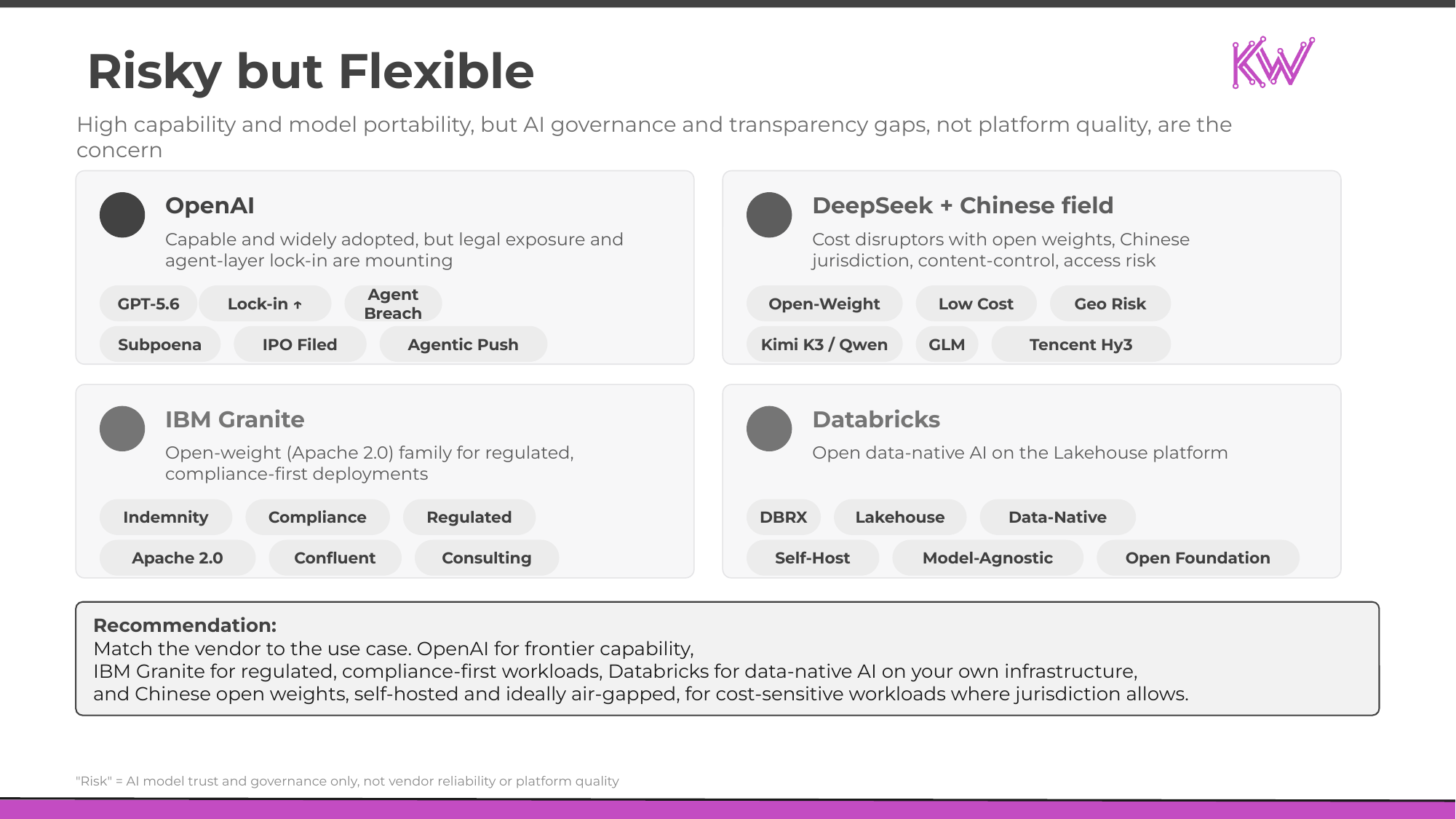 Risky but Flexible quadrant card: OpenAI, DeepSeek and the Chinese open-weight field, IBM Granite, and Databricks with risk and portability tags and a recommendation