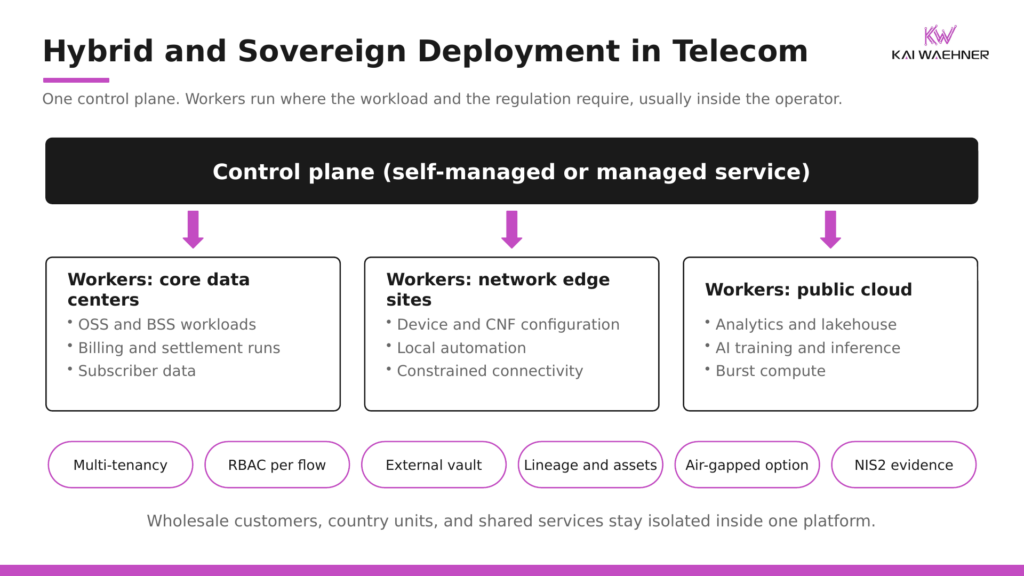 Hybrid telecom orchestration with one control plane, self-managed or as a managed service, and workers in core data centers, at network edge sites, and in the public cloud, with multi-tenancy, RBAC, external vault, lineage, air-gapped option, and NIS2 evidence.